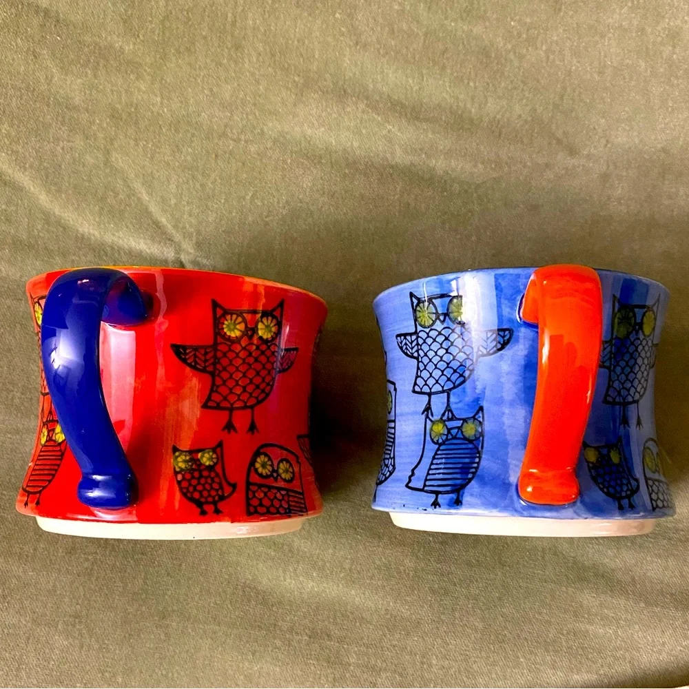 Pier 1 Imports Colorful Owl Design Stacking Mugs set of 2 UBM